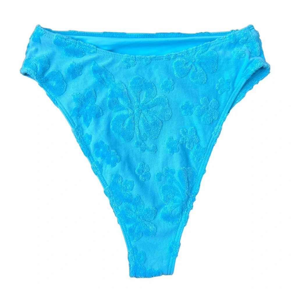 Frankie’s Bikinis Turquoise Blue Floral Texture Print Cheeky Bikini Bottoms Sz M